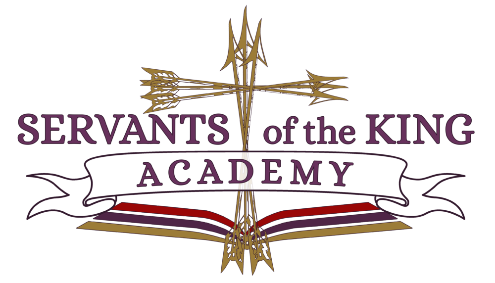 Servants of the King Academy logo with open bible and cross made with arrows.